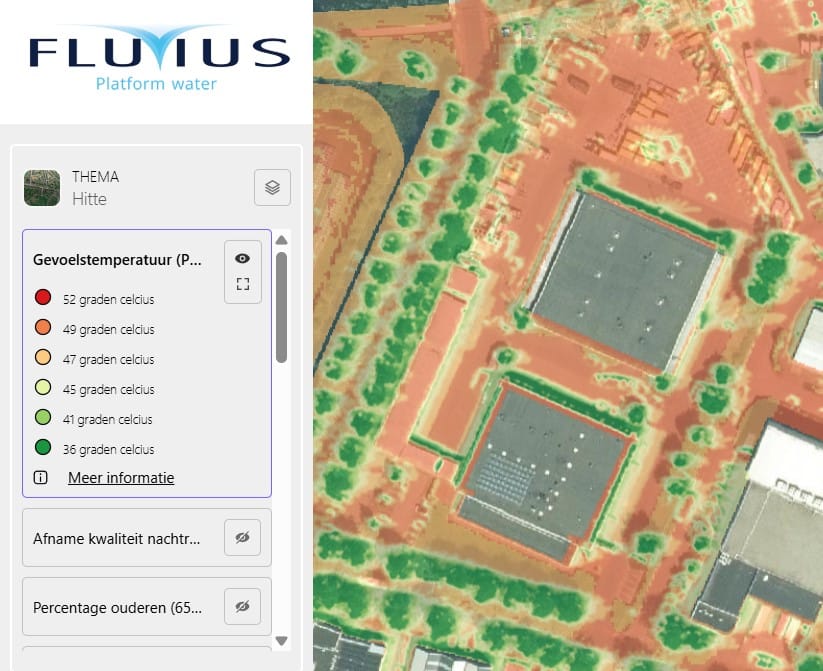 Fluvius klimaatatlas hitte werf, waarop te zien is dat het op een zomerse dag soms wel 45 graden gevoelstemperatuur kan worden
