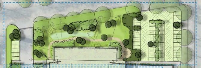 Schetsontwerp van het vergroenen van de gemeentewerf