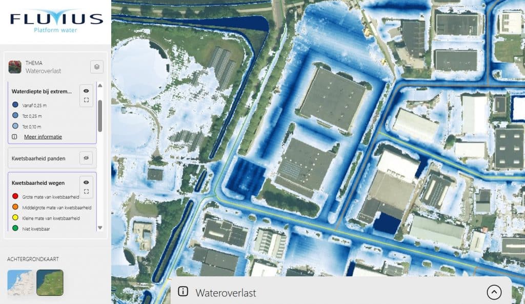 Kaart van Fluvius klimaatatlas wateroverlast werf, waarop te zien is dat bij een hevige regenbui de parkeerplaatsen onderlopen met water
