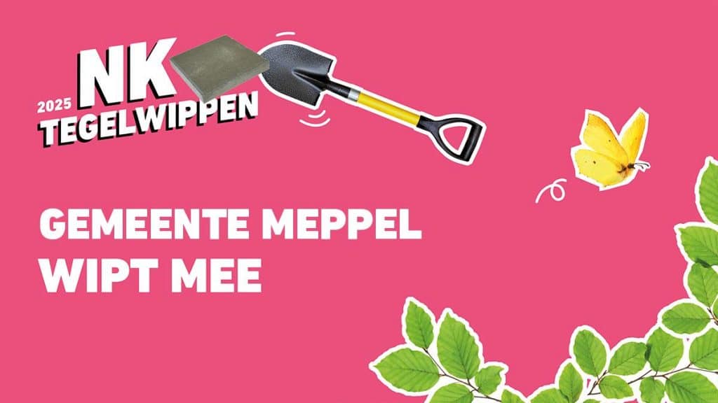 Banner van NK Tegelwippen waarop staat: Gemeente Meppel wipt mee