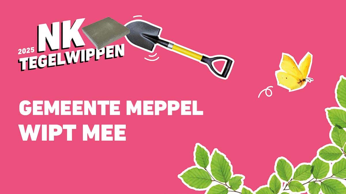 Banner van NK Tegelwippen waarop staat: Gemeente Meppel wipt mee