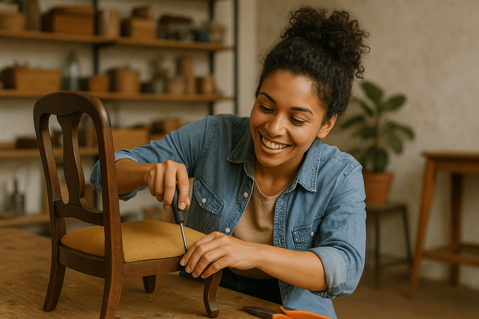 Vrouw die een klein stoeltje opnieuw bekleedt. Dit noemen we upcycling.